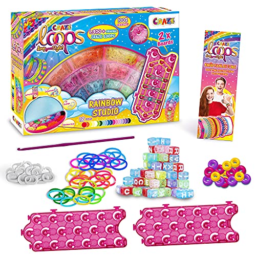 CRAZE Rainbow Studio 32831 - Juego Completo de Anillos de Silicona para Hacer Ganchillo y Pulsera en Caja de Almacenamiento, diseño de arcoíris