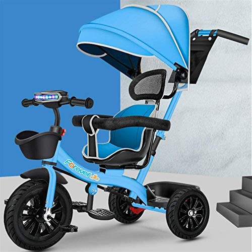 Cuatro en uno Triciclo multifunción Infantil, Silla de Paseo con Parasol, Bicicletas, Marco de Acero de Alto Carbono |Goma de Titanio de Ruedas vacío |Asiento Giratorio bidireccional, Color: Azul