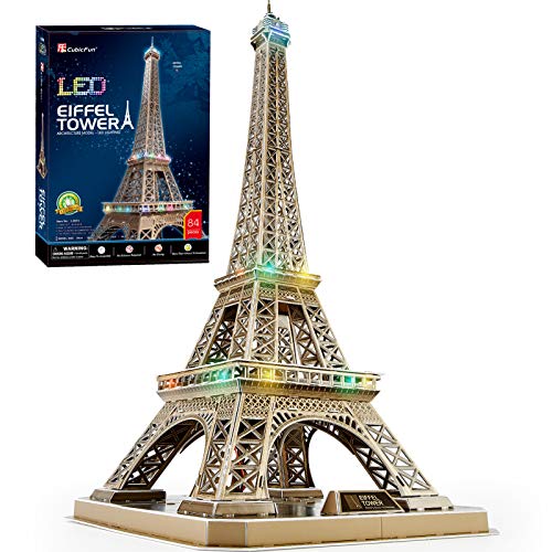 CubicFun Rompecabezas 3D Francia LED Arquitectura Modelo Kits de Construcción Puzzles 3D para Adultos, DIY Papercraft Lighting Paris Eiffel Tower Regalo de Decoración Juego de Juguete, 82 Piezas