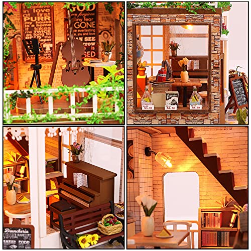 Cuteroom DIY Mini Dollhouse Juego de Muebles de Madera, caseta Hecha a Mano, pequeña casa con Caja de música, para Construir Juguetes y Regalos de cumpleaños (Rainbow Cafe)