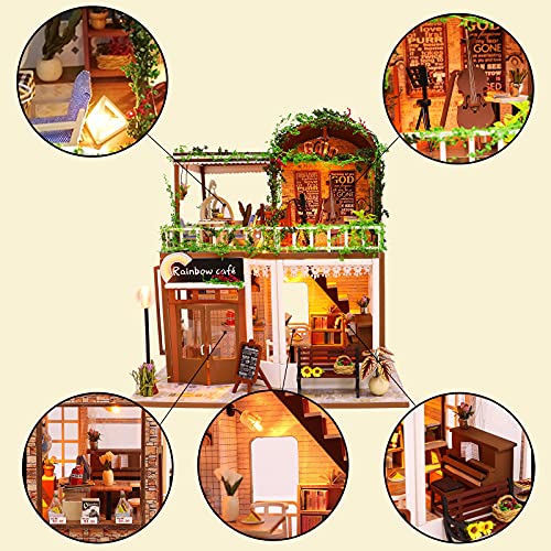 Cuteroom DIY Mini Dollhouse Juego de Muebles de Madera, caseta Hecha a Mano, pequeña casa con Caja de música, para Construir Juguetes y Regalos de cumpleaños (Rainbow Cafe)