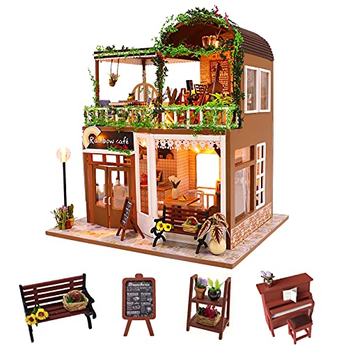 Cuteroom DIY Mini Dollhouse Juego de Muebles de Madera, caseta Hecha a Mano, pequeña casa con Caja de música, para Construir Juguetes y Regalos de cumpleaños (Rainbow Cafe)