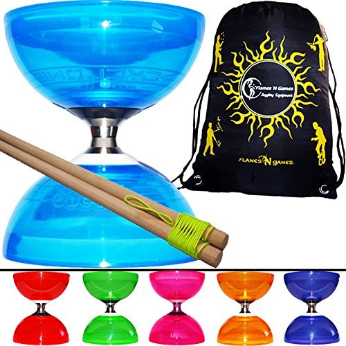 Cyclone QUARTZ PRO - Set de diábolo (6 variantes de colores) con rodamiento de bolas, juego de triple almacenamiento + palos de madera, cuerda para diábolo y bolsa de viaje), color azul