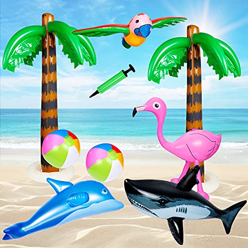 Czemo 9 PCS Inflables Palmeras Flamingo Juguetes de Playa Volando Loro Delfín para la Decoración del Partido Playa Hawaii Luau Party Decoración Fondo Natación Juguetes - con Bomba de Aire