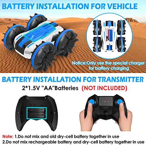 DAWINSIE Coche Teledirigido, 4WD Coche de Acrobacias, Anfibio Coche, 2.4 GHz RC Coche Acrobacia Rotación Volteo de 360 Grados, Juguetes Niño 6+ Regalos para Niños Niñas , 2X baterías (Azul)