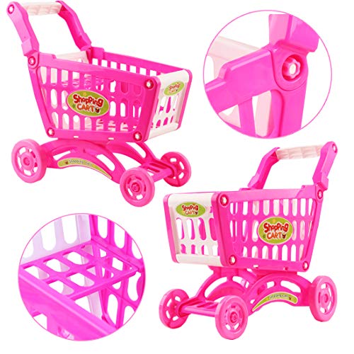 deAO Carrito de la Compra Infantil Incluye Variedad de 78 Productos de Mercado y Comestibles para Niños y Niñas (Rosa)