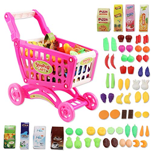 deAO Carrito de la Compra Infantil Incluye Variedad de 78 Productos de Mercado y Comestibles para Niños y Niñas (Rosa)