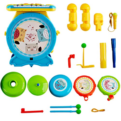 deAO Conjunto Rock and Roll de Juguete Instrumentos Electrónicos Infantiles Incluye Kit de Batería y Percusión, Teclado de Piano, Micrófono y Taburete para Niños y Niñas