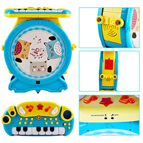 deAO Conjunto Rock and Roll de Juguete Instrumentos Electrónicos Infantiles Incluye Kit de Batería y Percusión, Teclado de Piano, Micrófono y Taburete para Niños y Niñas