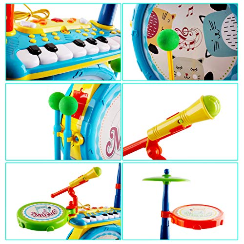 deAO Conjunto Rock and Roll de Juguete Instrumentos Electrónicos Infantiles Incluye Kit de Batería y Percusión, Teclado de Piano, Micrófono y Taburete para Niños y Niñas