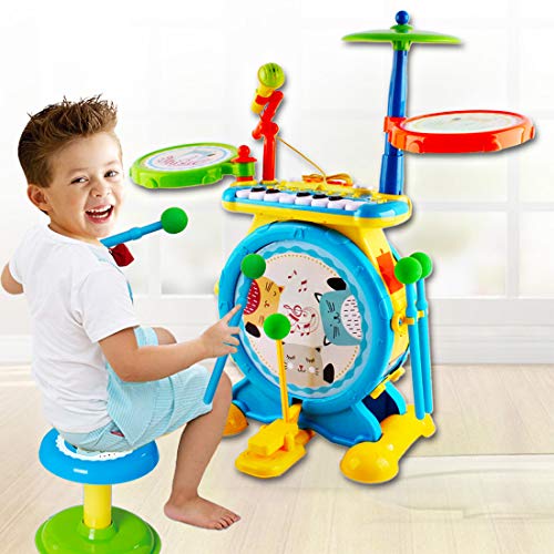 deAO Conjunto Rock and Roll de Juguete Instrumentos Electrónicos Infantiles Incluye Kit de Batería y Percusión, Teclado de Piano, Micrófono y Taburete para Niños y Niñas