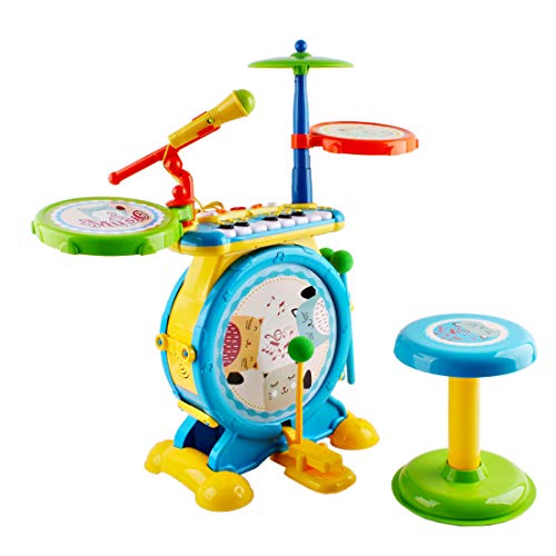 deAO Conjunto Rock and Roll de Juguete Instrumentos Electrónicos Infantiles Incluye Kit de Batería y Percusión, Teclado de Piano, Micrófono y Taburete para Niños y Niñas