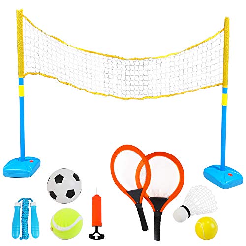 deAO Deportes 5 en 1 Conjunto para Tenis, Bádminton y Squash Set Juegos de Deporte Infantil Incluye Raquetas, Pelotas y Red