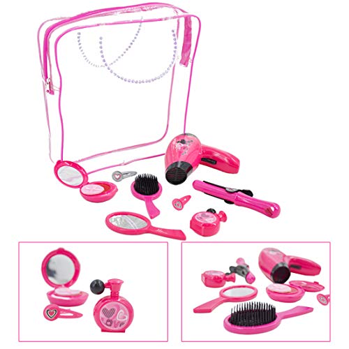 deAO Estilismo y Peluqueria Juego de Belleza y Moda Conjunto Fashion Bolso de Mano Incluye Maquillaje Artificial Accesorios de Pelo Secador de Aire Frio a Pilas