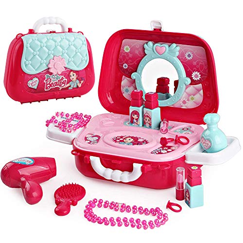 deAO Estuche de Maquillaje y Joyería de Juguete Playset en Maletín Bolso de Mano con Accesorios Incluidos (Cofre Maletín)