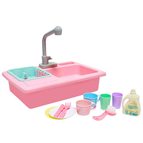 deAO Fregadero Electrónico de Cocina Conjunto de Juguete para Lavar Platos Accesorio de Cocinita Infantil Juegos de Imitación para Niños y Niñas (Rosa)