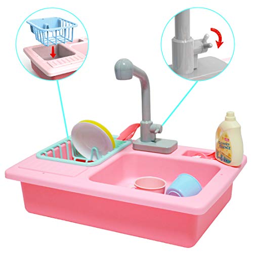 deAO Fregadero Electrónico de Cocina Conjunto de Juguete para Lavar Platos Accesorio de Cocinita Infantil Juegos de Imitación para Niños y Niñas (Rosa)