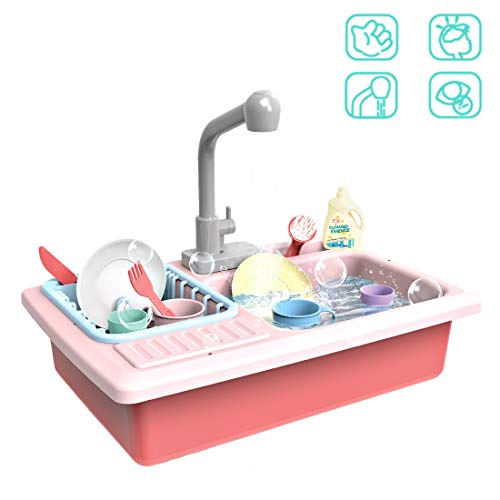 deAO Fregadero Electrónico de Cocina Conjunto de Juguete para Lavar Platos Accesorio de Cocinita Infantil Juegos de Imitación para Niños y Niñas (Rosa)