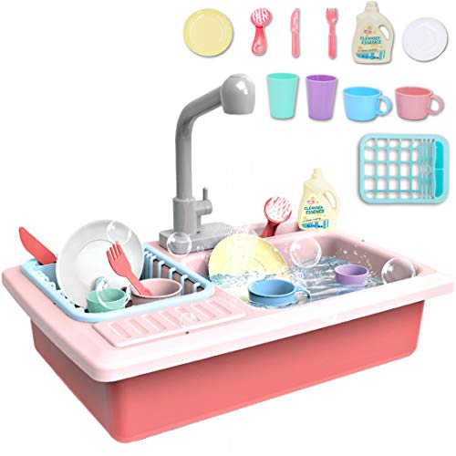 deAO Fregadero Electrónico de Cocina Conjunto de Juguete para Lavar Platos Accesorio de Cocinita Infantil Juegos de Imitación para Niños y Niñas (Rosa)