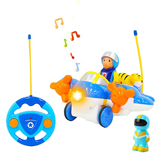 deAO RC Avión Adorable Juguete para Principiantes Avioncito a Control Remoto con Luces, Música y Sonidos Figuras de Conductor Extraíbles y Mascota Incluida (Avión Azul, Policía y Tigre)