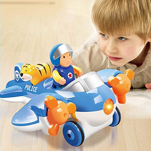 deAO RC Avión Adorable Juguete para Principiantes Avioncito a Control Remoto con Luces, Música y Sonidos Figuras de Conductor Extraíbles y Mascota Incluida (Avión Azul, Policía y Tigre)