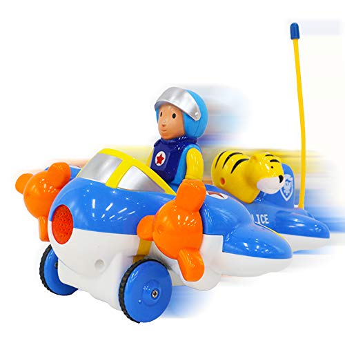 deAO RC Avión Adorable Juguete para Principiantes Avioncito a Control Remoto con Luces, Música y Sonidos Figuras de Conductor Extraíbles y Mascota Incluida (Avión Azul, Policía y Tigre)