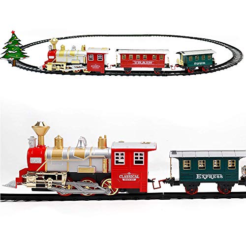 deAO Tren Clásico Infantil con Luces y Sonidos Conjunto Navideño de Vías, Locomotora y 2 Vagones Tren de Juguete Electrónico Decoración de Navidad (Rojo o Verde)