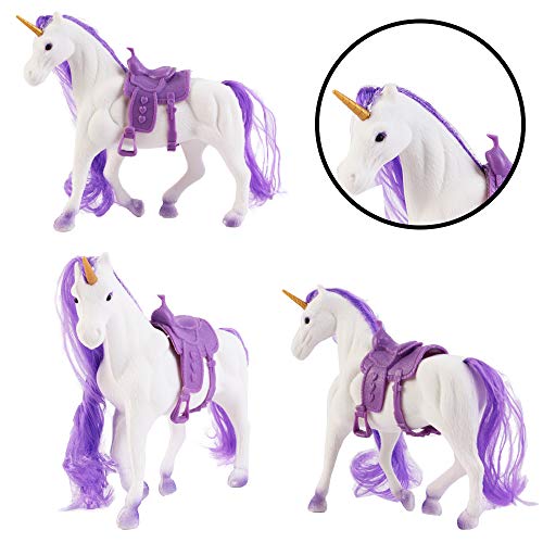 deAO Unicornios Mágicos Conjunto de 3 Unicornios Variados, Espejo, Peine y Accesorios para el Cabello – Conjunto Adicional para Juegos de Muñecas