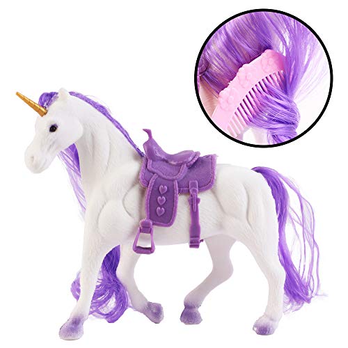 deAO Unicornios Mágicos Conjunto de 3 Unicornios Variados, Espejo, Peine y Accesorios para el Cabello – Conjunto Adicional para Juegos de Muñecas