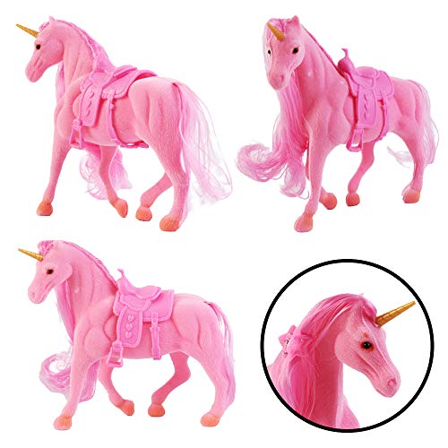 deAO Unicornios Mágicos Conjunto de 3 Unicornios Variados, Espejo, Peine y Accesorios para el Cabello – Conjunto Adicional para Juegos de Muñecas