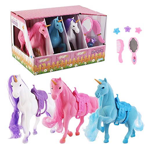 deAO Unicornios Mágicos Conjunto de 3 Unicornios Variados, Espejo, Peine y Accesorios para el Cabello – Conjunto Adicional para Juegos de Muñecas