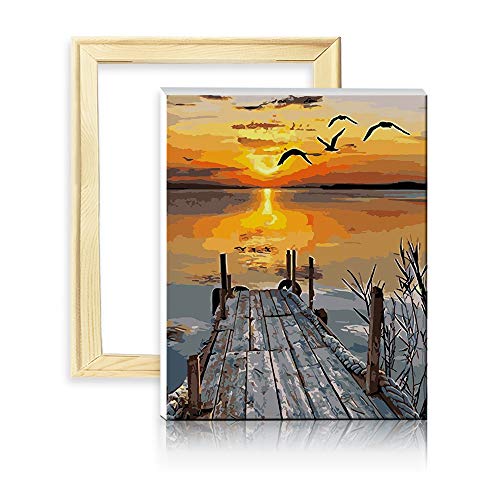 decalmile Pintura por Números de Kits DIY Pinturas al Óleo Pintura Acrílica para Adultos Principiantes Puesta de Sol Mar Puente de Madera 16"X 20" (40 x 50 cm, con Marco de Madera)