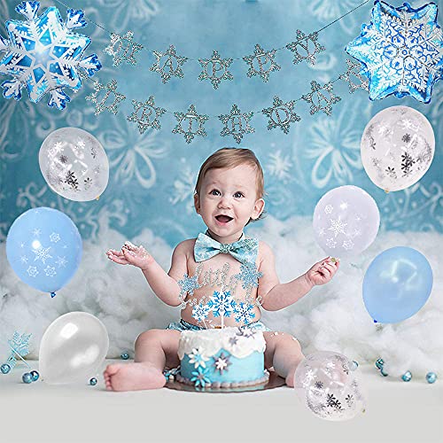 Decoracion Cumpleaños Frozen Niñas, Decoraciones Cumpleaños Princesa con Pancarta Cumpleaños, Borlas, Mantel, Globos Frozen Globo Confeti Copo Nieve Azul Blanco para Niñas Cumpleaños Fiesta Frozen