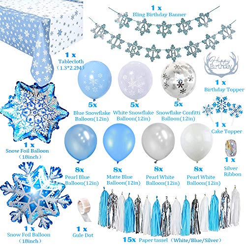 Decoracion Cumpleaños Frozen Niñas, Decoraciones Cumpleaños Princesa con Pancarta Cumpleaños, Borlas, Mantel, Globos Frozen Globo Confeti Copo Nieve Azul Blanco para Niñas Cumpleaños Fiesta Frozen