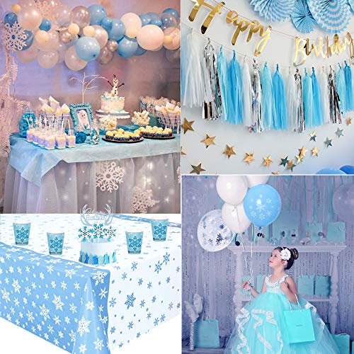 Decoracion Cumpleaños Frozen Niñas, Decoraciones Cumpleaños Princesa con Pancarta Cumpleaños, Borlas, Mantel, Globos Frozen Globo Confeti Copo Nieve Azul Blanco para Niñas Cumpleaños Fiesta Frozen