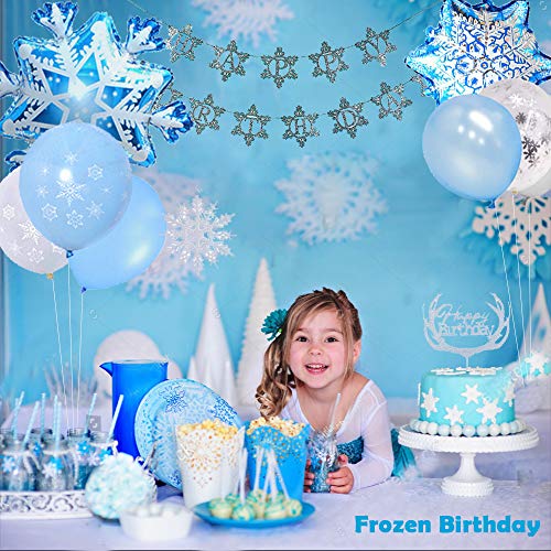 Decoracion Cumpleaños Frozen Niñas, Decoraciones Cumpleaños Princesa con Pancarta Cumpleaños, Borlas, Mantel, Globos Frozen Globo Confeti Copo Nieve Azul Blanco para Niñas Cumpleaños Fiesta Frozen