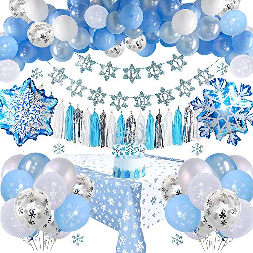 Decoracion Cumpleaños Frozen Niñas, Decoraciones Cumpleaños Princesa con Pancarta Cumpleaños, Borlas, Mantel, Globos Frozen Globo Confeti Copo Nieve Azul Blanco para Niñas Cumpleaños Fiesta Frozen