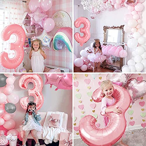 Decoración Cumpleaños Niña 3 año Rosa, Globos de Cumpleaños 3 año Niña Decoracion Feliz Cumpleaños Globo Número 3 Rosa Adornos Cumpleaños Mantel Torta para Infantil Niña 3 año Rosa Fiesta de cumpleaño