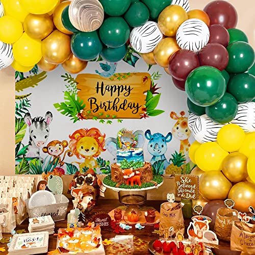 Decoracion Cumpleaños Selva,Globos de Cumpleaños Fiestas Infantiles Decoracion, Safari Póster de Feliz Cumpleaños con Globos Animales y Globos de latex Adorno Torta para Niño Niña Baby Shower