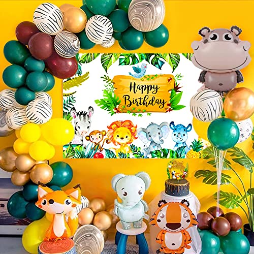 Decoracion Cumpleaños Selva,Globos de Cumpleaños Fiestas Infantiles Decoracion, Safari Póster de Feliz Cumpleaños con Globos Animales y Globos de latex Adorno Torta para Niño Niña Baby Shower