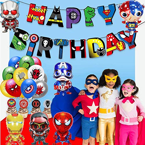 Decoracion Cumpleaños Superheroes Globos de Superhéroe Feliz Cumpleaños del Pancarta Superheroes Adornos de Pastel Superhéroe Marvel Cumpleaños Decoracion