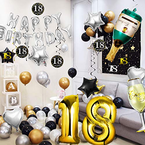 Decoración de la Fiesta de Cumpleaños 18 Años, Comius Sharp 65 pcs Negro y Dorado Balloon de Látex Colgando Remolinos Botella de Champán Globo para Cumpleaños de 18 Años Partido (18)