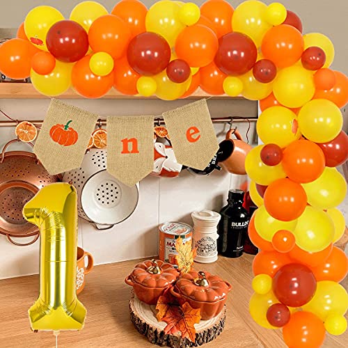 Decoración de primer cumpleaños de calabaza, kit de arco de guirnalda de globo de calabaza con trona una bandera para niñas y niños, tema de otoño, Acción de Gracias, calabaza