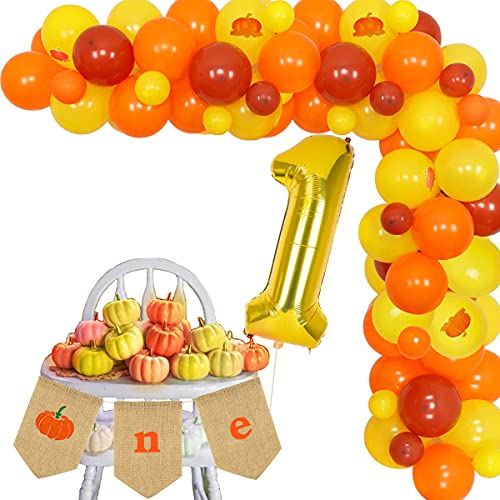 Decoración de primer cumpleaños de calabaza, kit de arco de guirnalda de globo de calabaza con trona una bandera para niñas y niños, tema de otoño, Acción de Gracias, calabaza