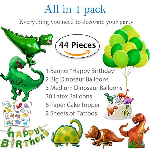 Decoracion Dinosaurio Cumpleaños, 1 Banner de Feliz Cumpleaños Happy Birthday, 2 Dinosaurios Gigantes, 3 XXL Dino Globos Metalico, 2 Set Tatuajes, 6 Tarta Toppers, 30 Globos Verde Abigarrado.