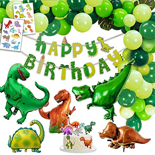 Decoracion Dinosaurio Cumpleaños, 1 Banner de Feliz Cumpleaños Happy Birthday, 2 Dinosaurios Gigantes, 3 XXL Dino Globos Metalico, 2 Set Tatuajes, 6 Tarta Toppers, 30 Globos Verde Abigarrado.