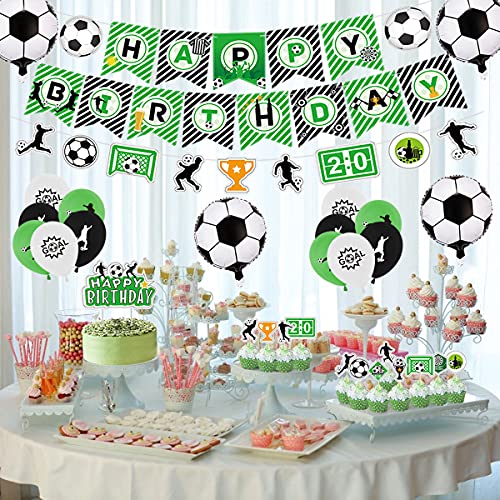 Decoración para fiestas de fútbol, incluyendo pancartas de Happy Birthday, bandera de fútbol, globos con temática de fútbol, decoración para tartas para cumpleaños infantiles (A).