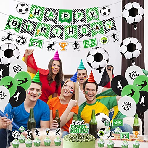 Decoración para fiestas de fútbol, incluyendo pancartas de Happy Birthday, bandera de fútbol, globos con temática de fútbol, decoración para tartas para cumpleaños infantiles (A).