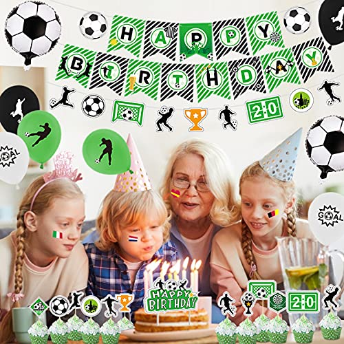 Decoración para fiestas de fútbol, incluyendo pancartas de Happy Birthday, bandera de fútbol, globos con temática de fútbol, decoración para tartas para cumpleaños infantiles (A).