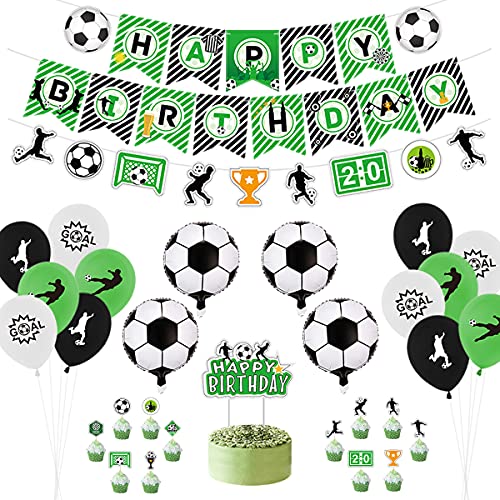 Decoración para fiestas de fútbol, incluyendo pancartas de Happy Birthday, bandera de fútbol, globos con temática de fútbol, decoración para tartas para cumpleaños infantiles (A).